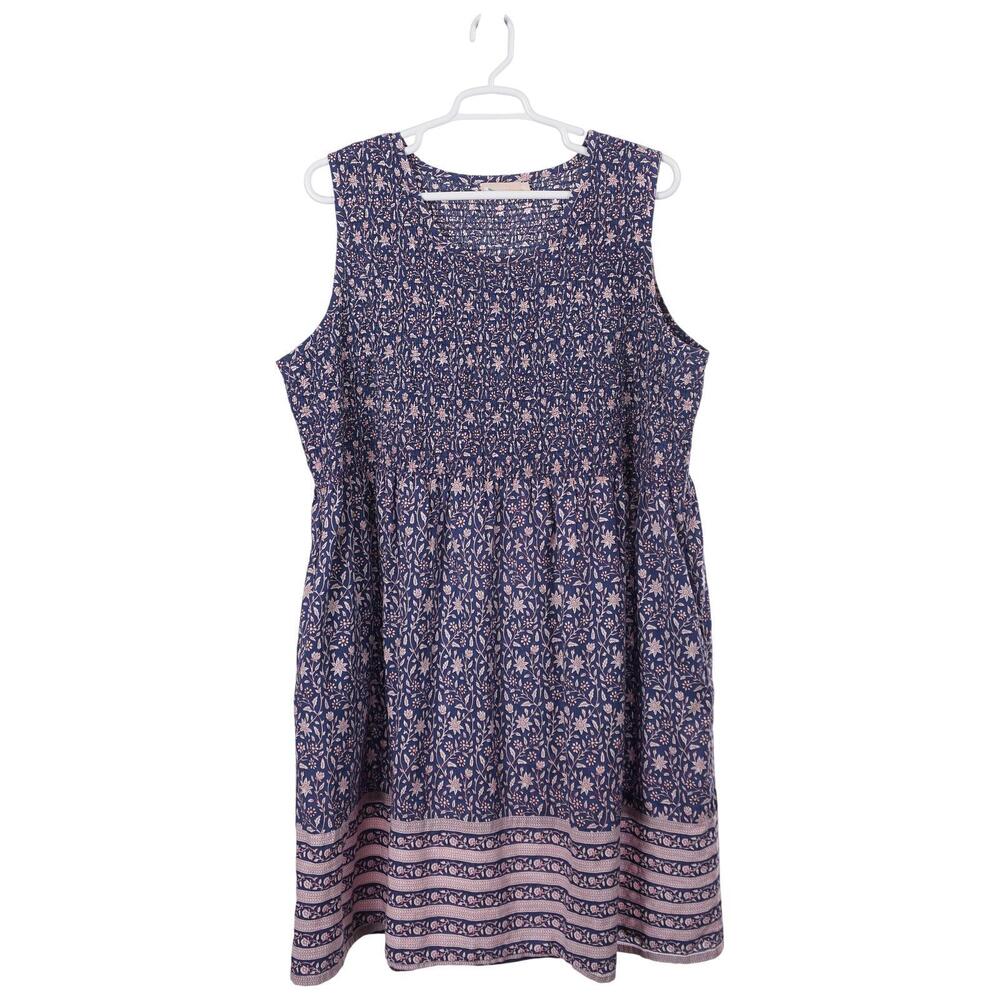 LA CERA Dress 3X Blue Floral A-Line Shift Cotton Pockets Sleeveless Casual